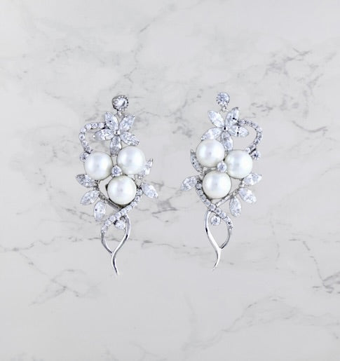 Wedding Jewelry - Pearl and Cubic Zirconia Bridal Earrings