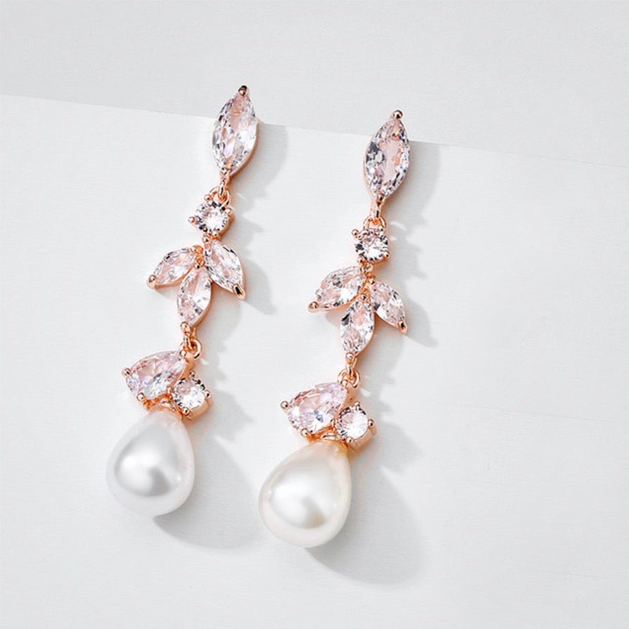 Wedding Jewelry - Pearl and Cubic Zirconia Bridal Earrings - Available in Rose Gold and Silver