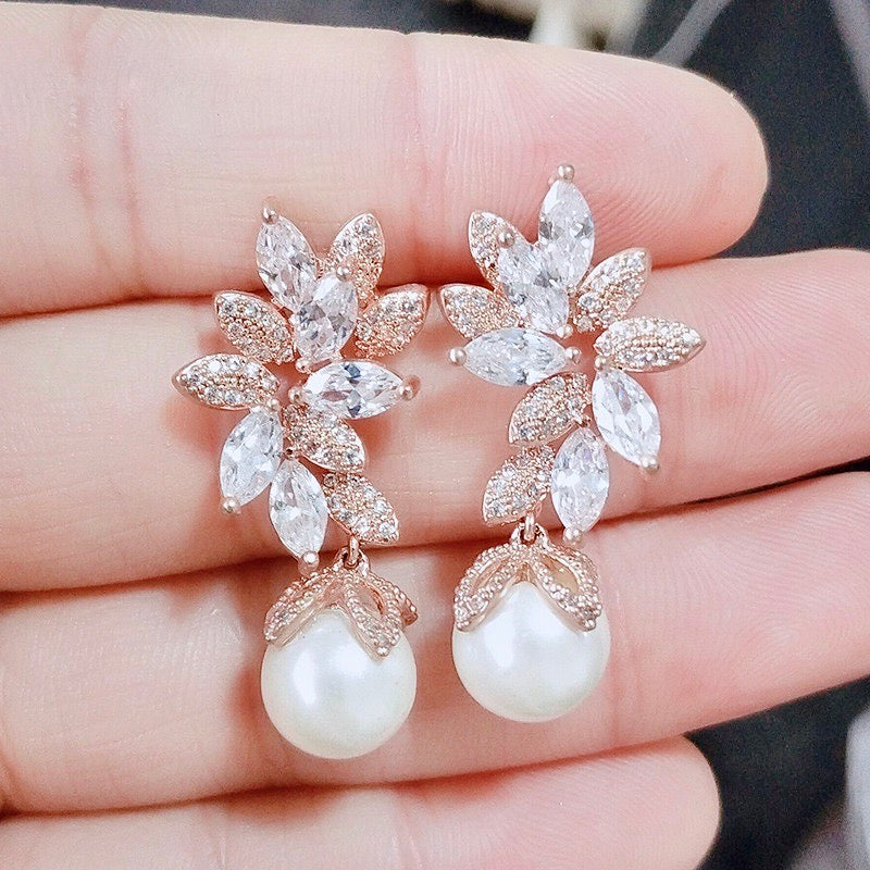 Wedding Jewelry - Pearl and Cubic Zirconia Bridal Earrings - Available in Silver, Rose Gold and Yellow Gold