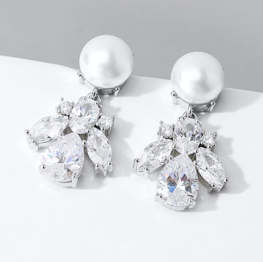 Wedding Jewelry - Pearl and Cubic Zirconia Bridal Earrings