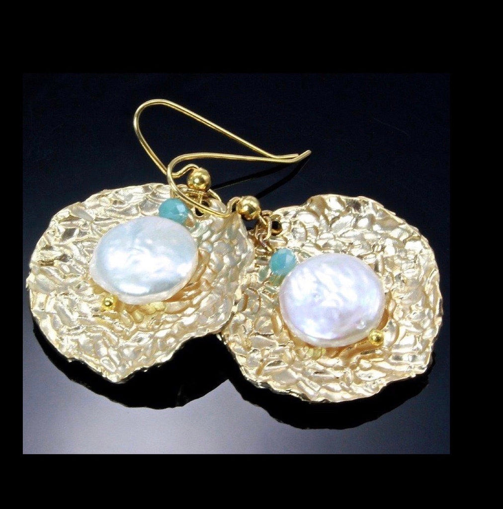 Pearl Wedding Jewelry - Cultured Pearl and Blue Chalcedony Bridal Earrings