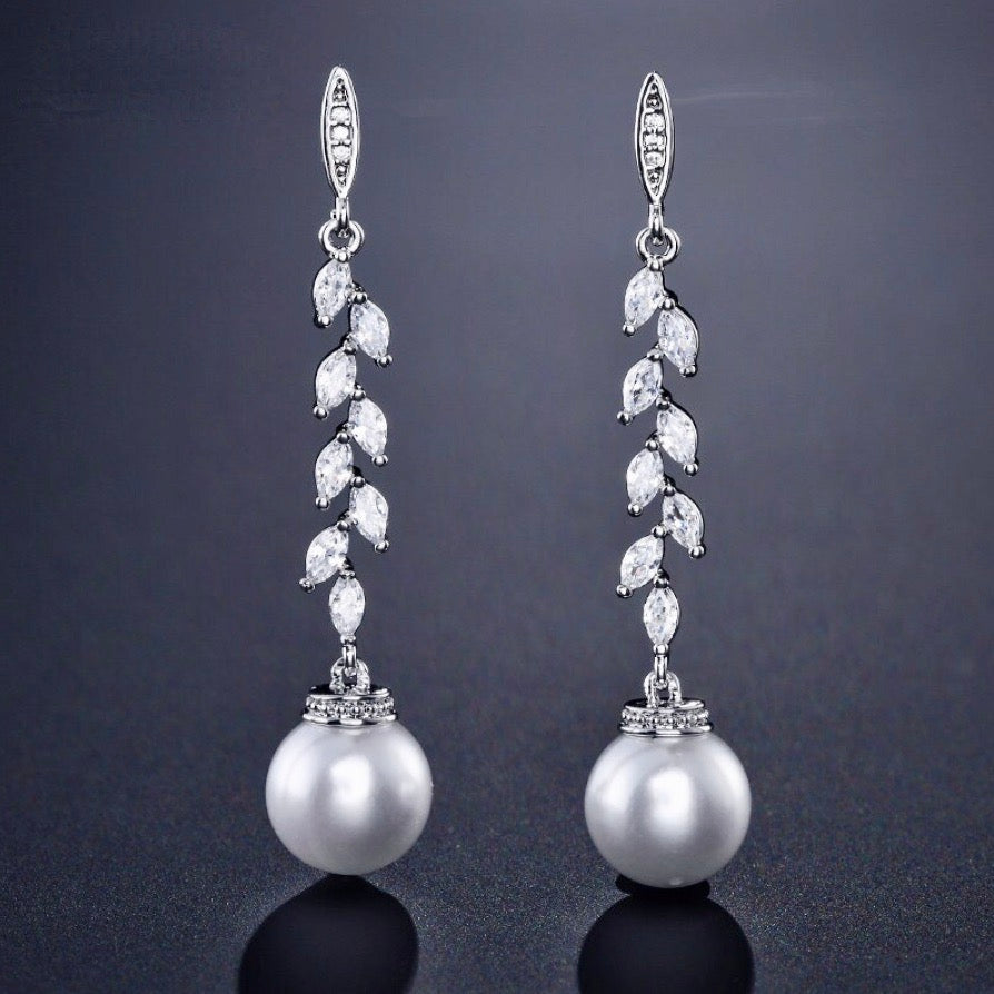 Wedding Jewelry - Pearl and Cubic Zirconia Bridal Earrings - Available in Silver and Rose Gold