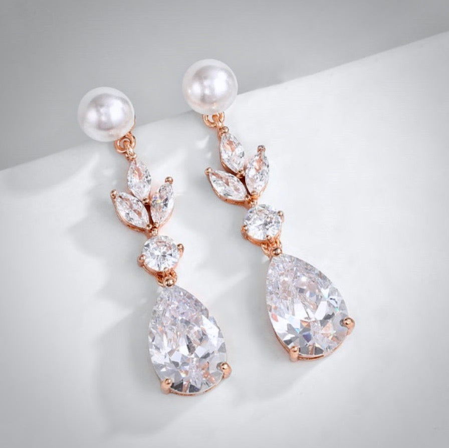 Wedding Jewelry - Pearl and Cubic Zirconia Bridal Earrings - Available in Silver, Rose Gold and Yellow Gold