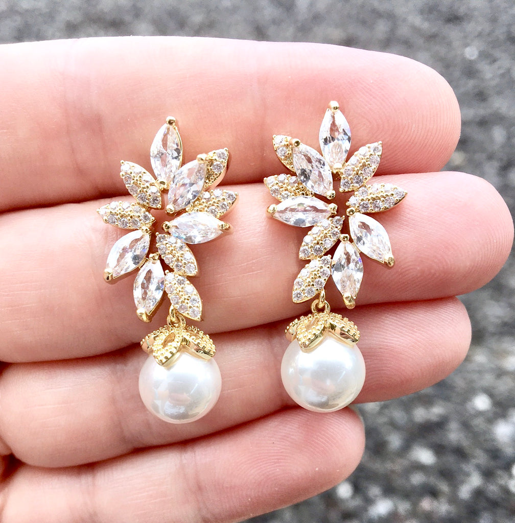 Wedding Jewelry - Pearl and Cubic Zirconia Bridal Earrings - Available in Silver, Rose Gold and Yellow Gold