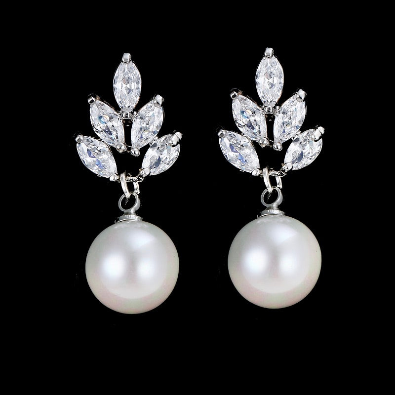 Wedding Jewelry - Pearl and Cubic Zirconia Bridal Earrings