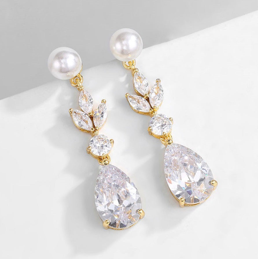 Wedding Jewelry - Pearl and Cubic Zirconia Bridal Earrings - Available in Silver, Rose Gold and Yellow Gold