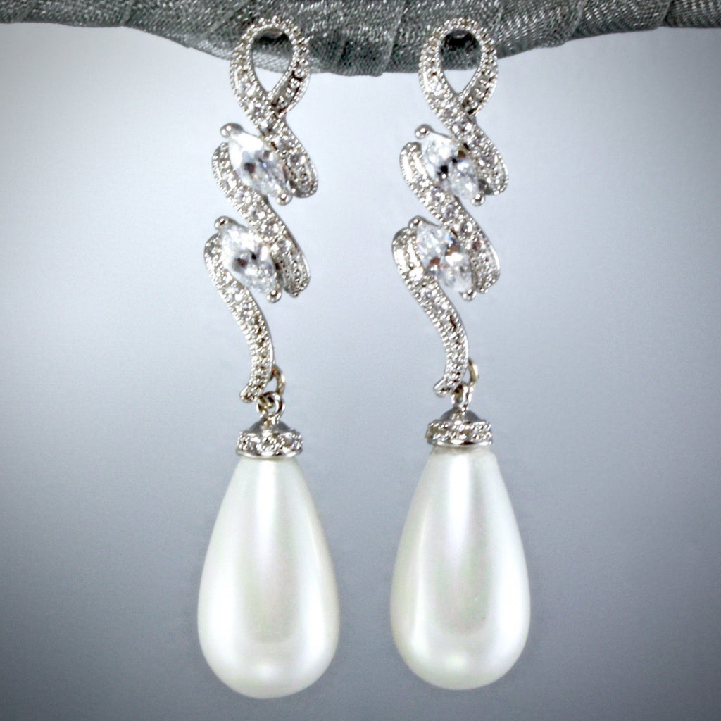 Pearl Wedding Jewelry - Pearl and Cubic Zirconia Bridal Earrings