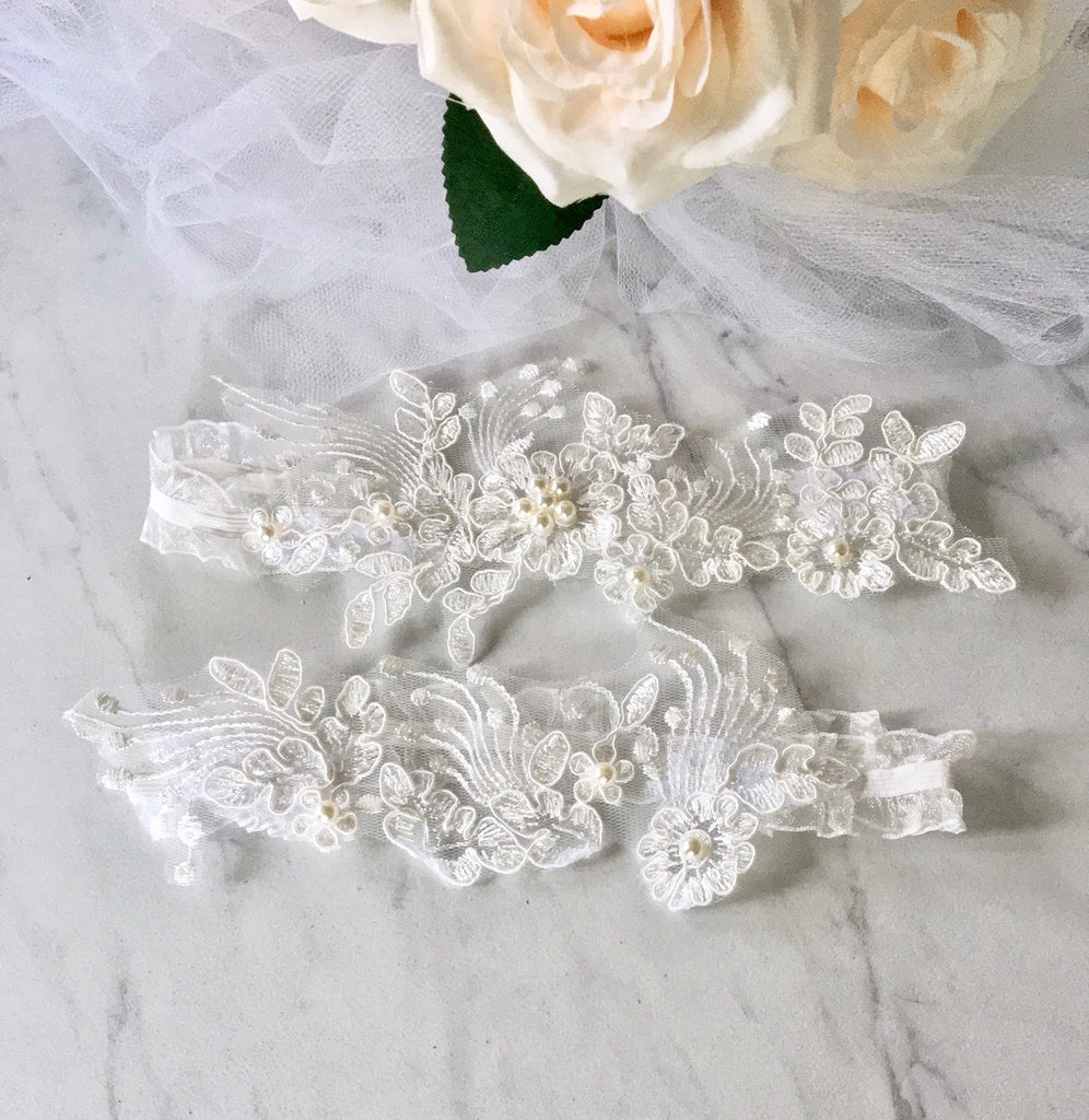 Purity Ivory Delicate Lace Wedding Garter with Pearl Droplet