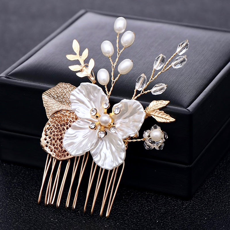 Wedding Hair Accessories - Pearl and Crystal Bridal Hair Comb - Available in Yellow Gold and Silver