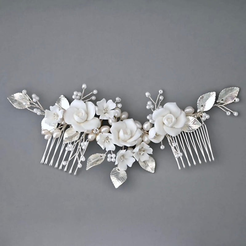 Wedding Hair Accessories - Ceramic Flowers Silver Bridal Hair Comb / Vine