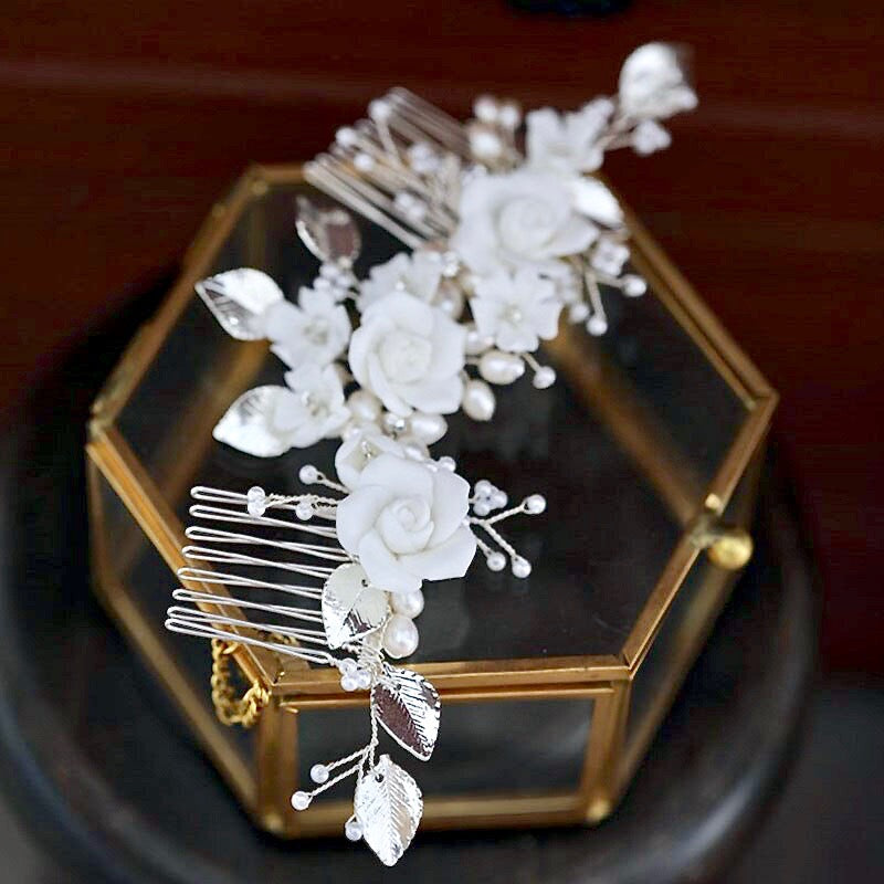 Wedding Hair Accessories - Ceramic Flowers Silver Bridal Hair Comb / Vine