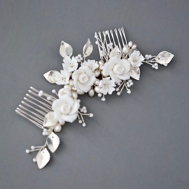 Wedding Hair Accessories - Ceramic Flowers Silver Bridal Hair Comb / Vine