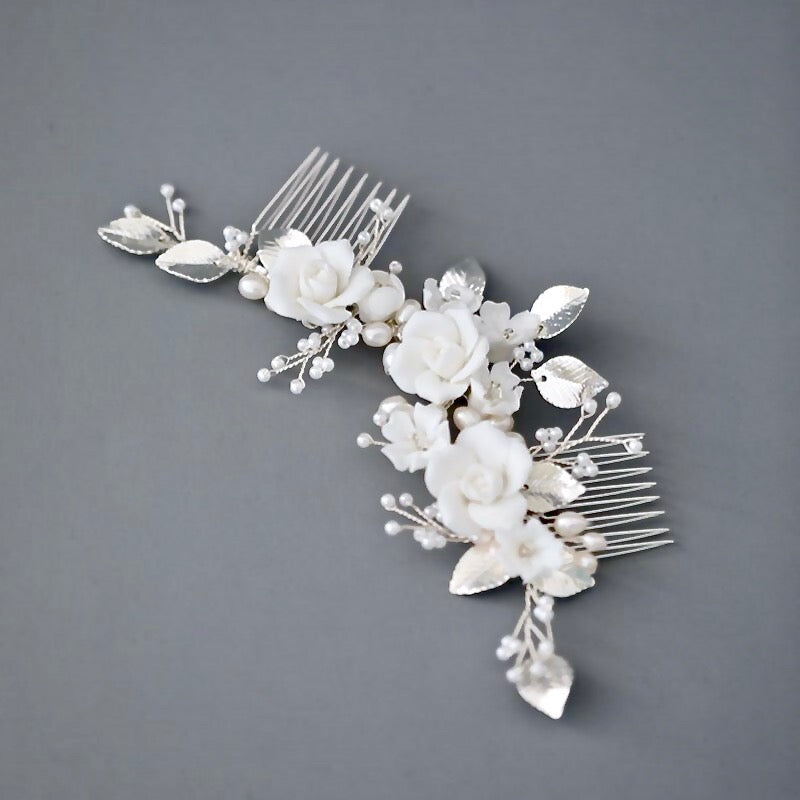 Wedding Hair Accessories - Ceramic Flowers Silver Bridal Hair Comb / Vine