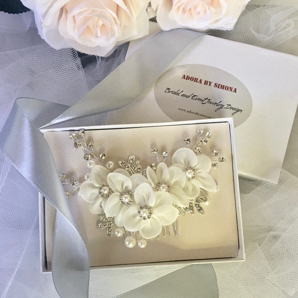Wedding Hair Accessories - Silver Pearl and Crystal Bridal Hair Comb/Clip