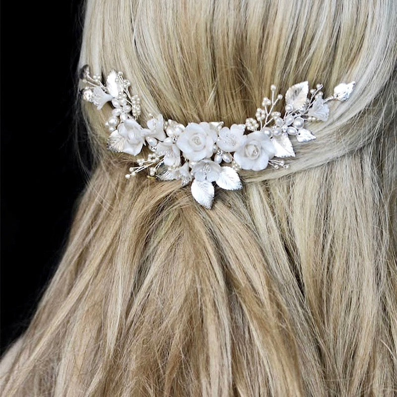 Wedding Hair Accessories - Ceramic Flowers Silver Bridal Hair Comb / Vine