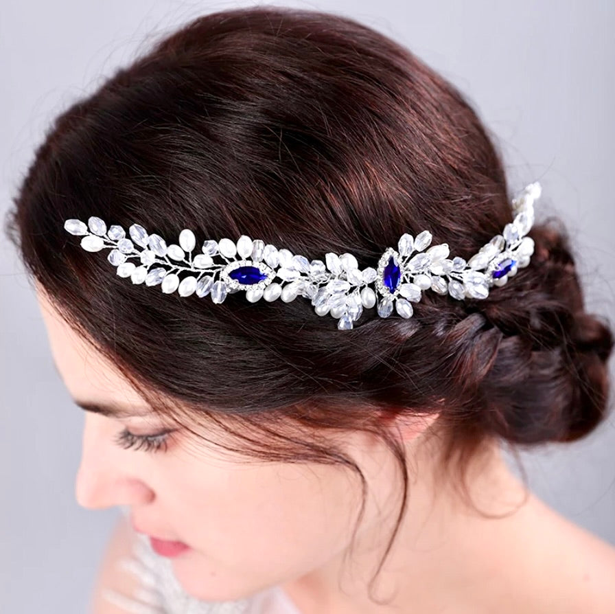 Wedding Hair Accessories - Blue Crystal and Pearl Bridal Hair Comb / Hair Vine