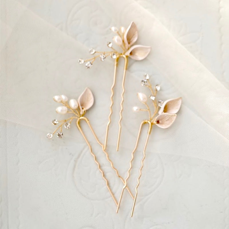 Wedding Hair Accessories - Gold Pearl Bridal Hair Pins - Set of Three