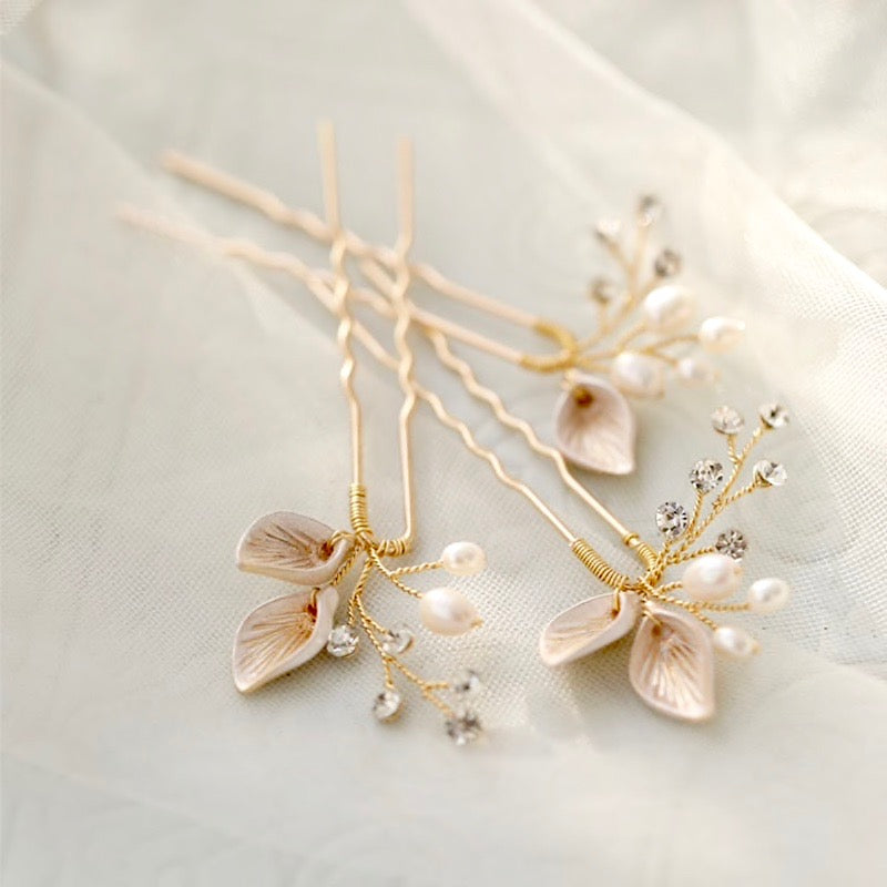 Wedding Hair Accessories - Gold Pearl Bridal Hair Pins - Set of Three