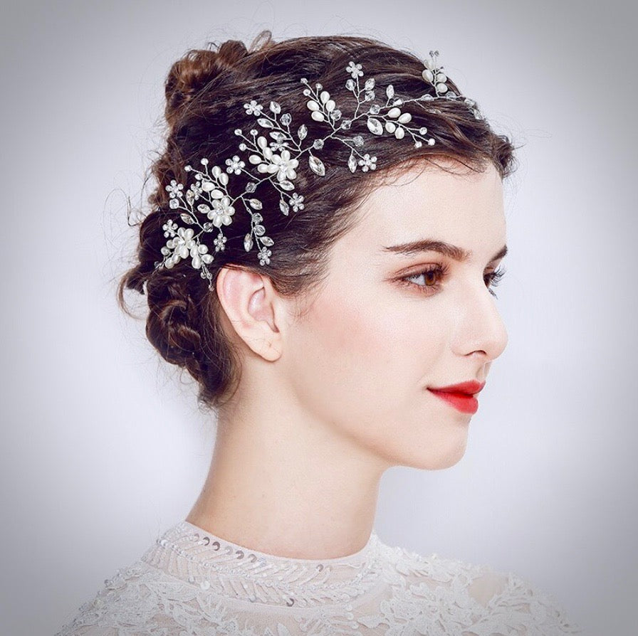 Wedding Hair Accessories - Silver Pearl and Crystal Bridal Headband / Hair Vine