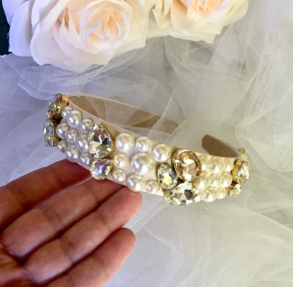 Wedding Hair Accessories - Pearl and Rhinestone Embellished Bridal Headband - Available in Gold and Silver