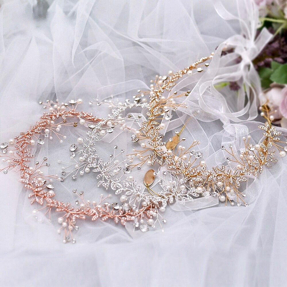 Wedding Hair Accessories - Pearl and Crystal Bridal Headband - Available in Rose Gold, Silver and Yellow Gold