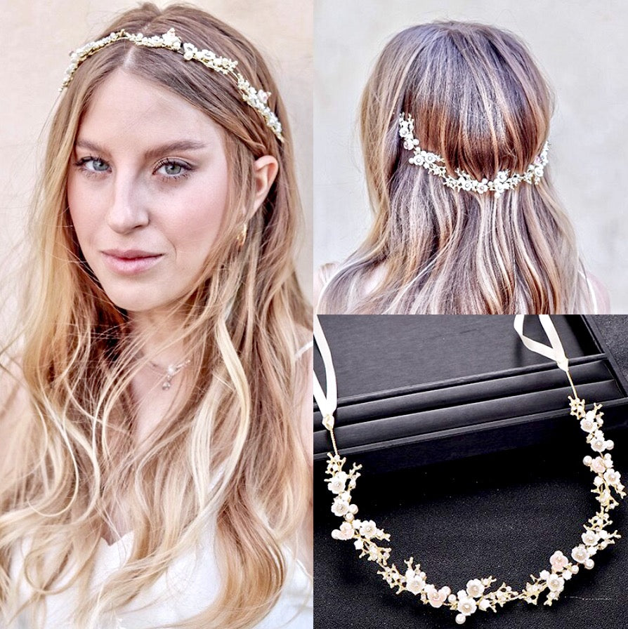 Wedding Hair Accessories - Pearl and Crystal Bridal Headband - Available in Yellow Gold, Rose Gold and Silver