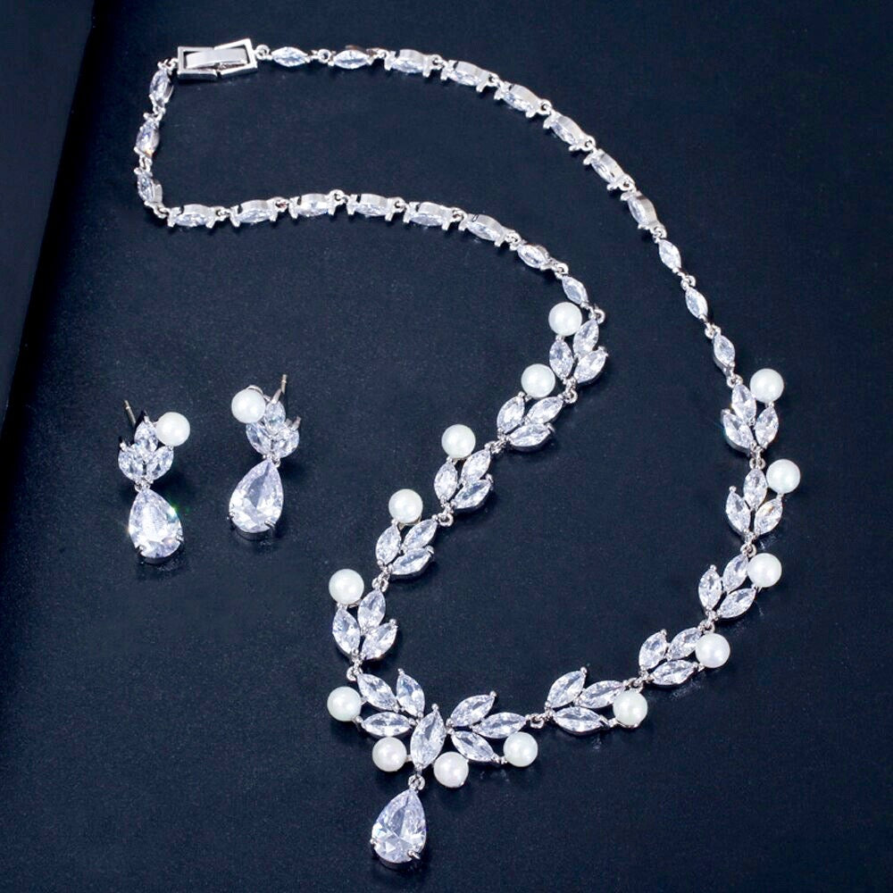 Pearl Wedding Jewelry - Pearl and Cubic Zirconia Bridal Necklace and Jewelry Set