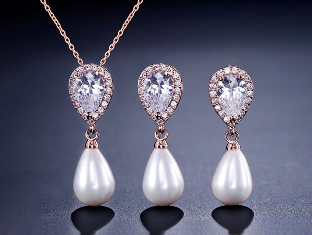 Wedding Jewelry - Pearl and Cubic Zirconia Bridal Necklace and Earrings Set - Available in Silver, Rose Gold and Yellow Gold 