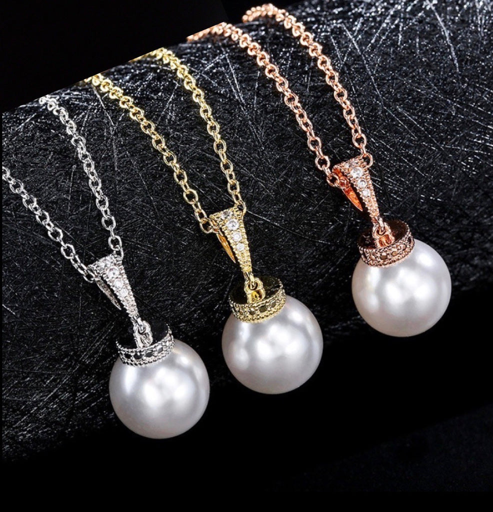Wedding Jewelry - Pearl and Cubic Zirconia Bridal Necklace and Earrings Set - Available in Silver, Rose Gold and Yellow Gold