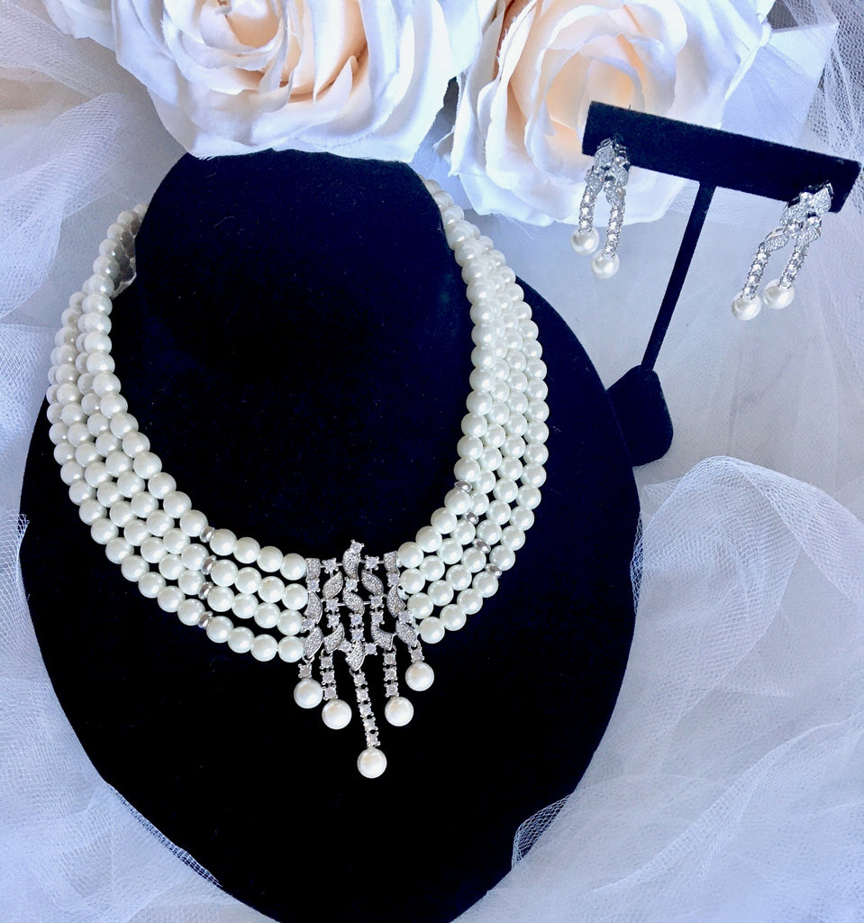 Pearl Wedding Jewelry - Pearl and Cubic Zirconia Bridal Jewelry Set