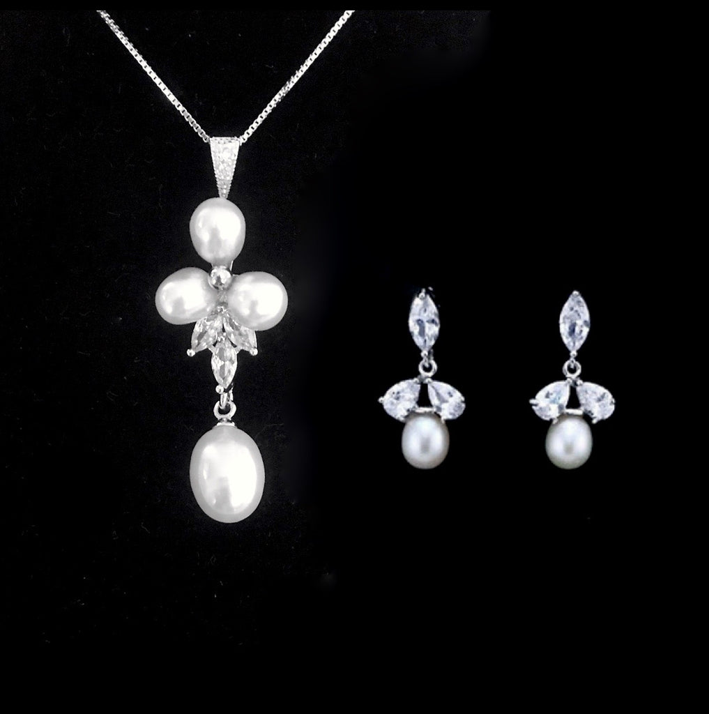 Wedding Jewelry - Freshwater Pearl and Cubic Zirconia Bridal 3-Piece Jewelry Set