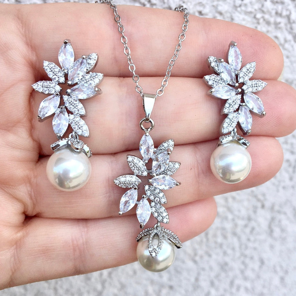 Wedding Pearl Jewelry - Pearl and Cubic Zirconia Bridal Jewelry Set