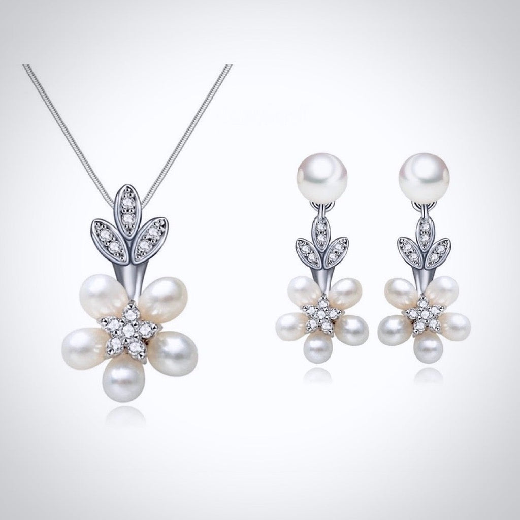 Wedding Jewelry - Pearl and Cubic Zirconia Bridal Necklace and Earrings Set