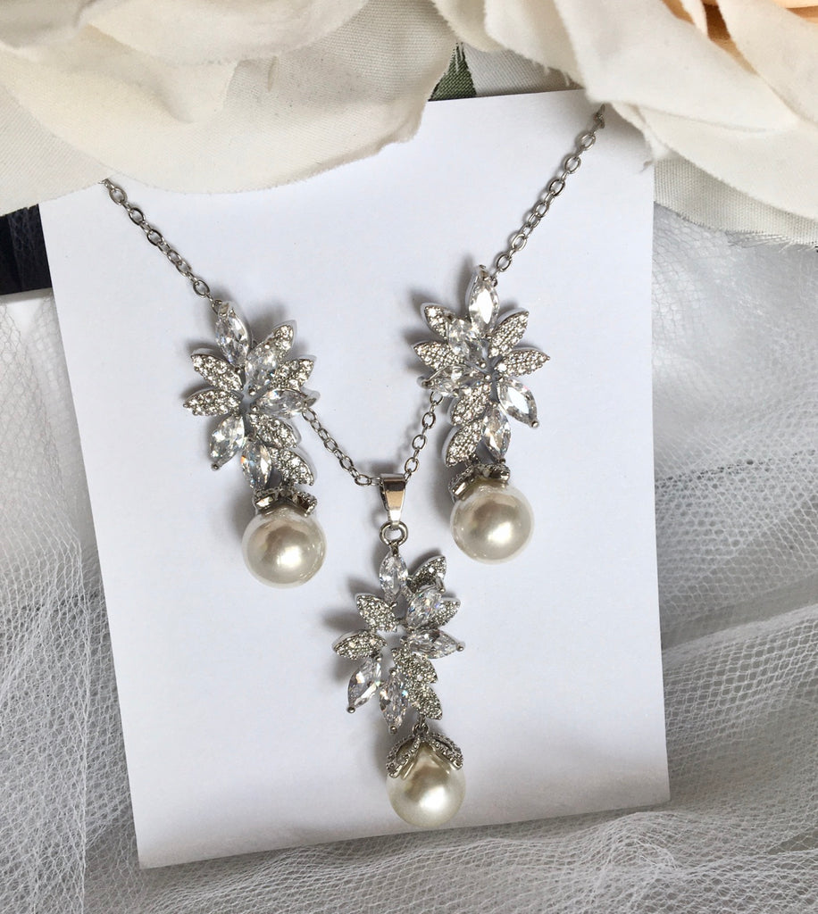 Wedding Pearl Jewelry - Pearl and Cubic Zirconia Bridal Jewelry Set