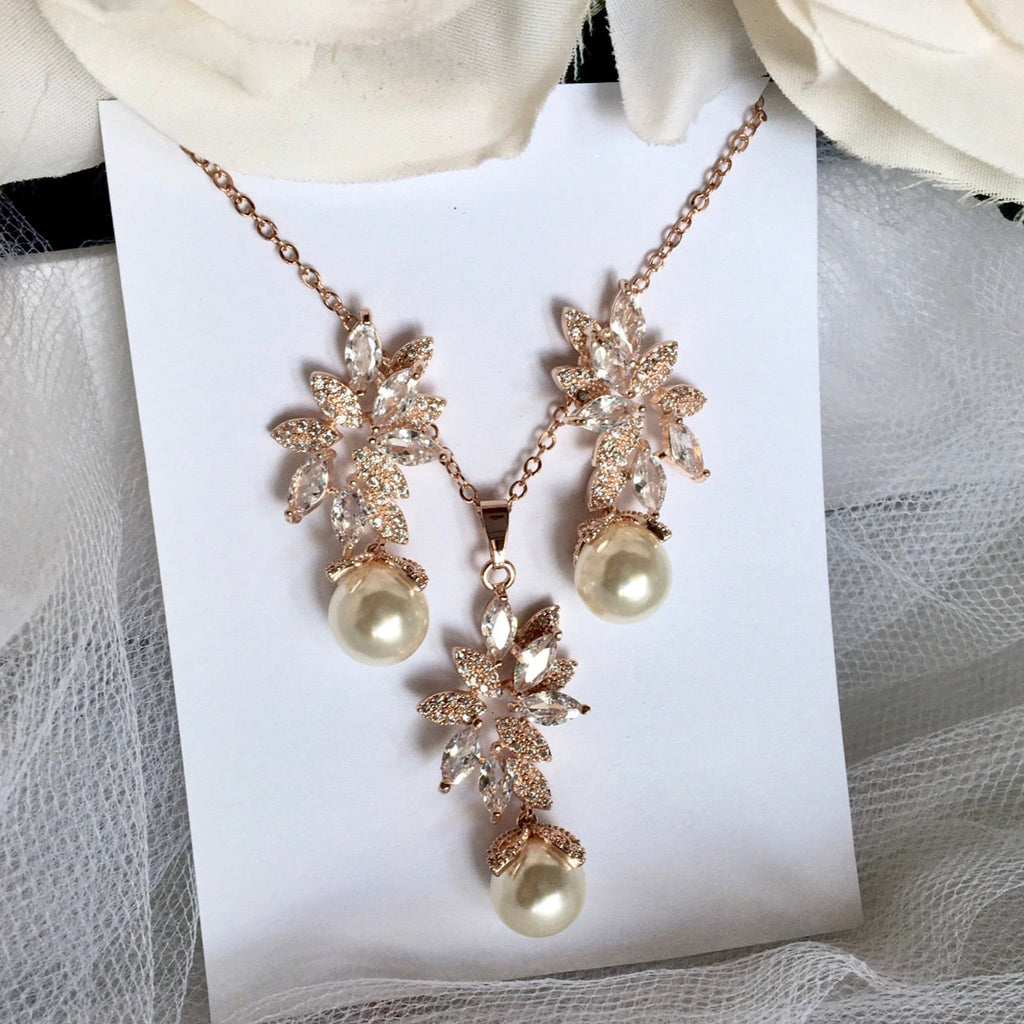 Wedding Pearl Jewelry - Pearl and Cubic Zirconia Bridal Jewelry Set