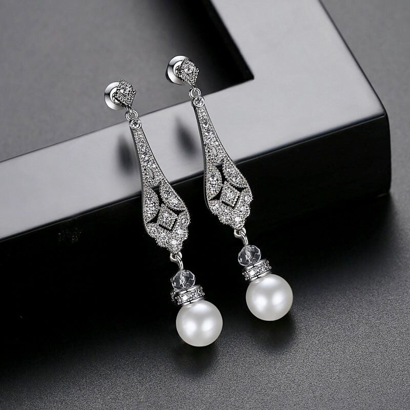 Wedding Pearl Jewelry - Pearl and Cubic Zirconia Bridal Jewelry Set