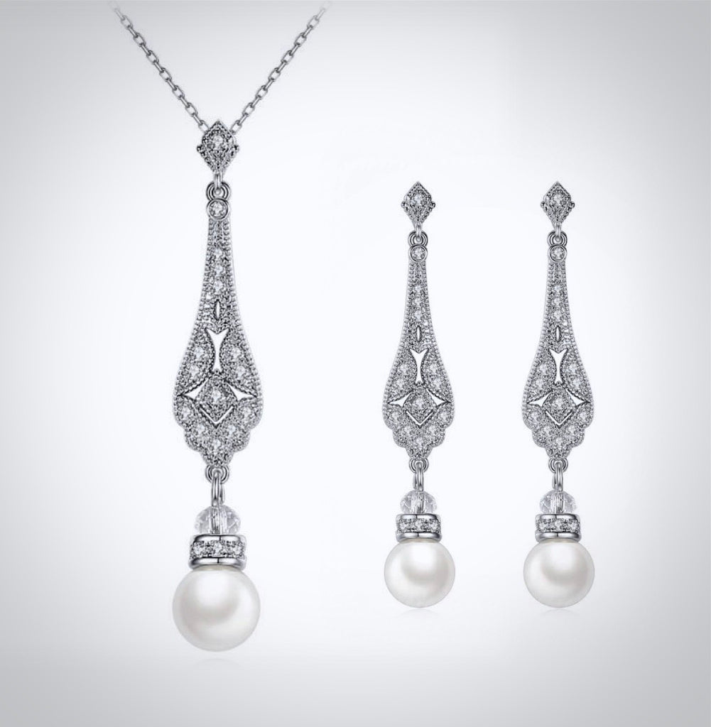 Wedding Pearl Jewelry - Pearl and Cubic Zirconia Bridal Jewelry Set