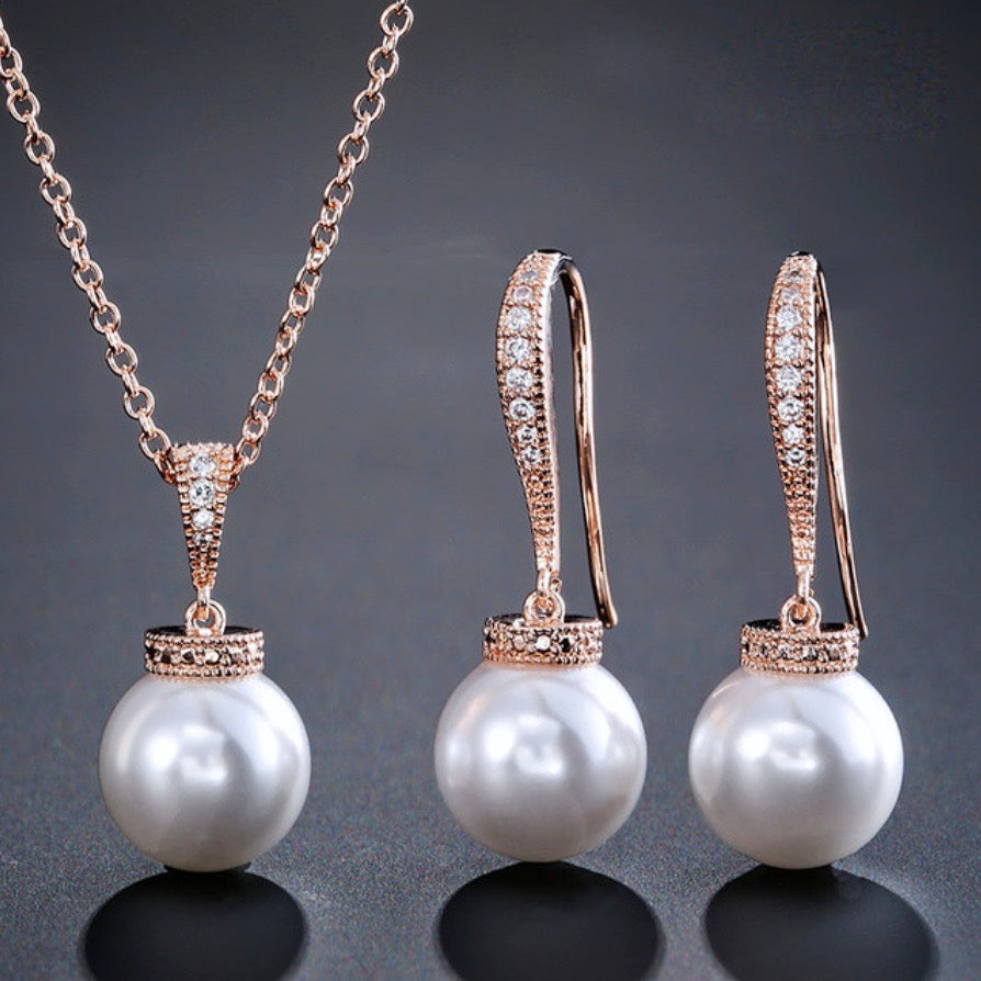 Wedding Jewelry - Pearl and Cubic Zirconia Bridal Necklace and Earrings Set - Available in Silver, Rose Gold and Yellow Gold