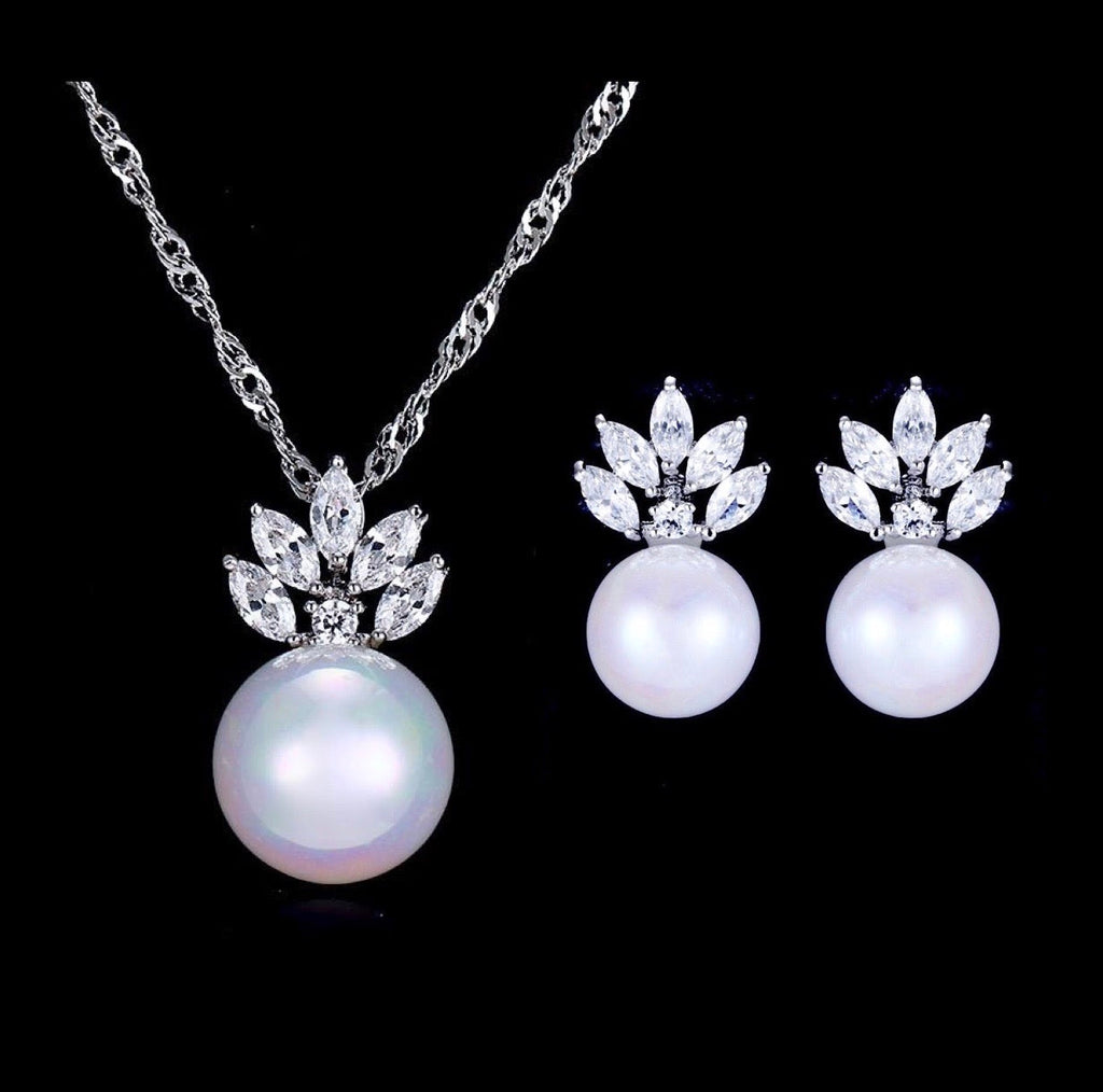 Wedding Jewelry - Pearl and Cubic Zirconia Bridal Earrings