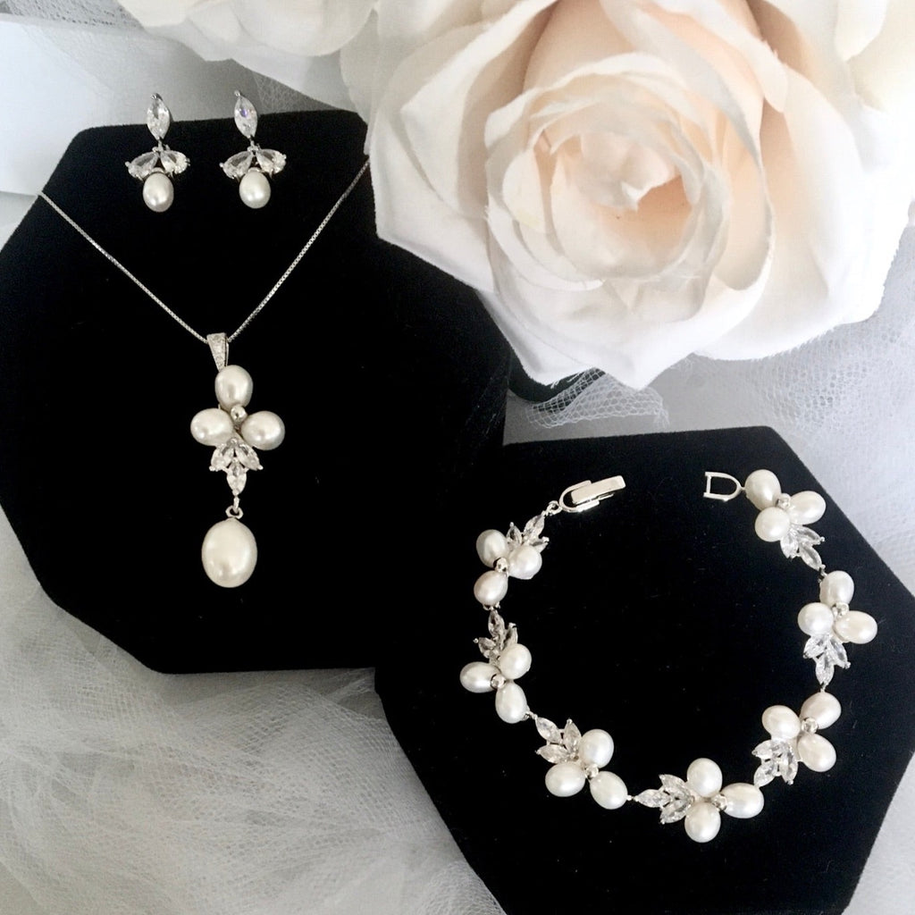 Wedding Jewelry - Freshwater Pearl and Cubic Zirconia Bridal 3-Piece Jewelry Set