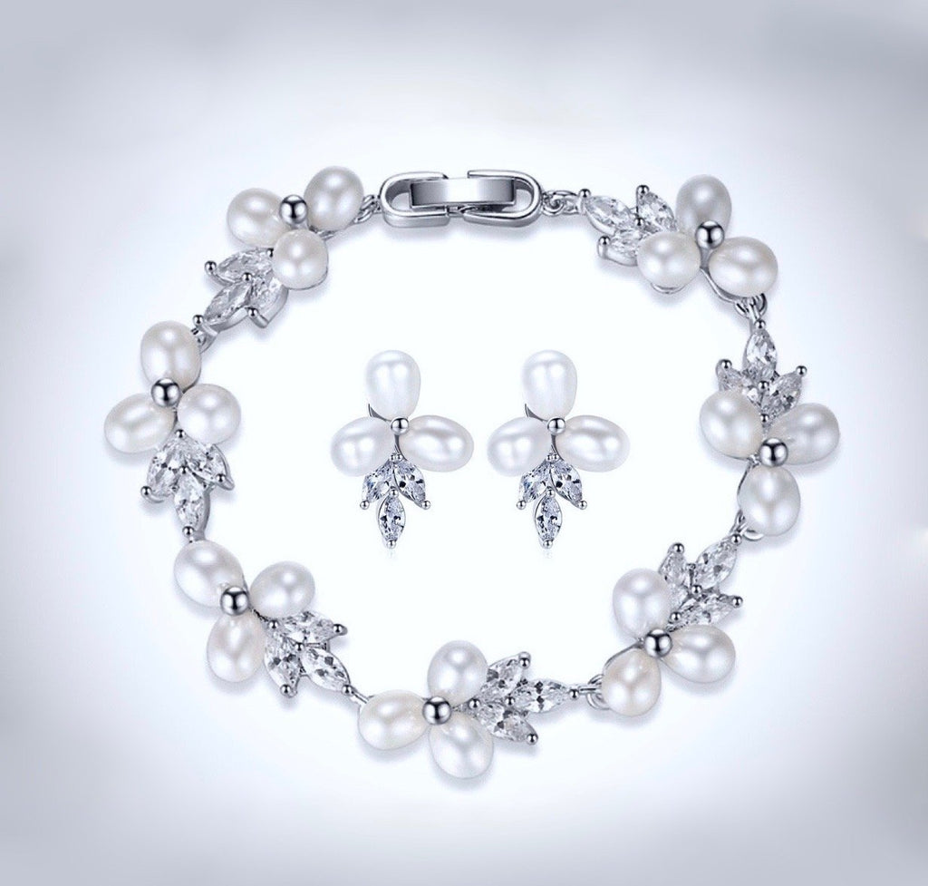 Pearl Wedding Jewelry - Freshwater Pearl and Cubic Zirconia Bridal Bracelet