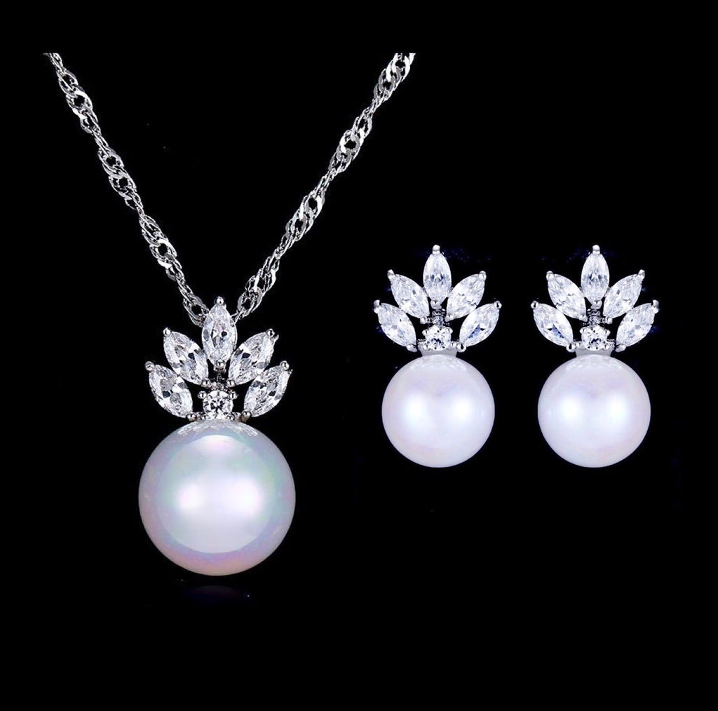 Wedding Pearl Jewelry - Pearl and Cubic Zirconia Jewelry Set - Available in Silver and Gold