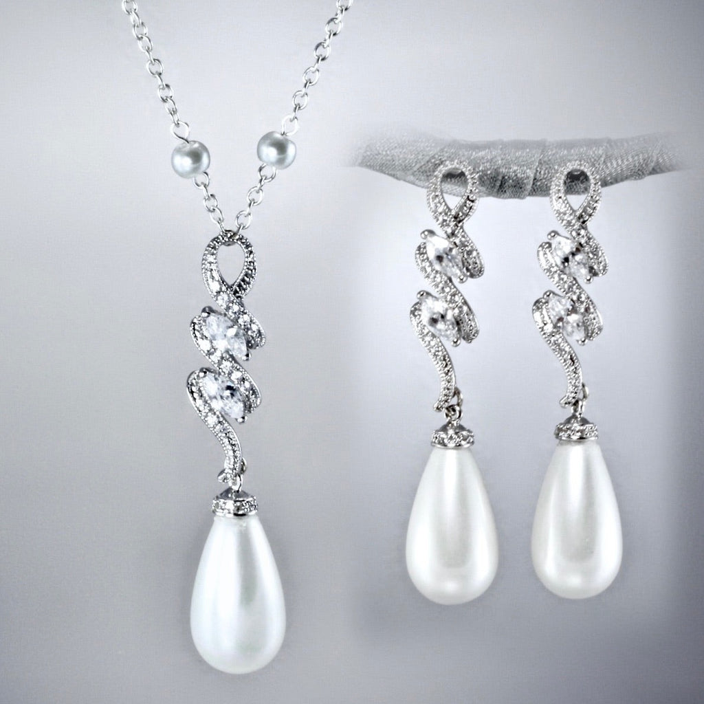 Pearl Wedding Jewelry - Pearl and Cubic Zirconia Bridal Jewelry Set