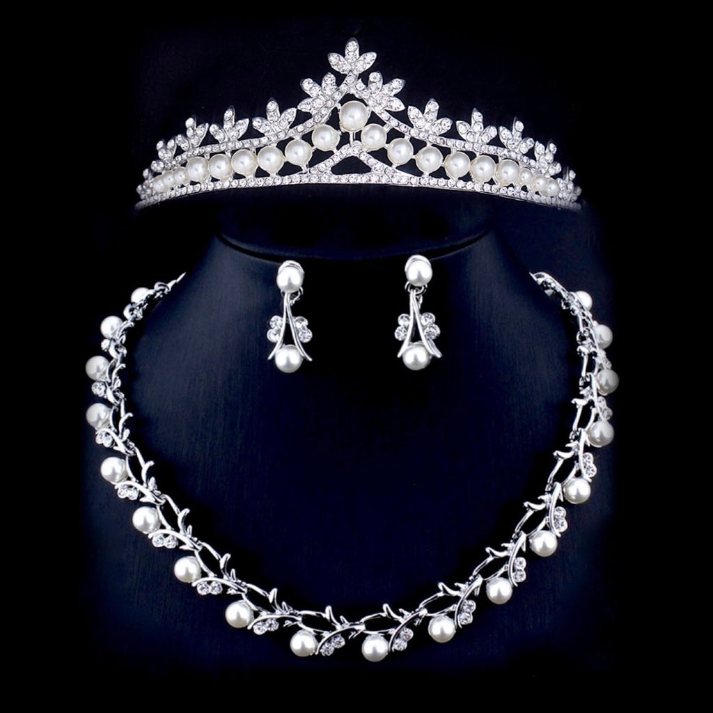 Pearl Wedding Jewelry - Silver Cubic Zirconia and Pearl 3-Piece Bridal Jewelry Set with Tiara