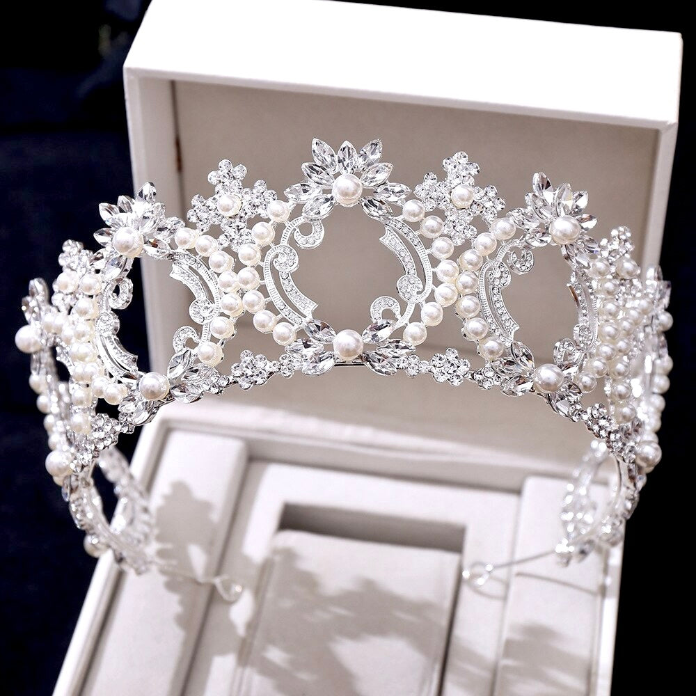 Wedding Hair Accessories -  Pearl and Crystal Bridal Tiara - Available in Yellow Gold and Silver