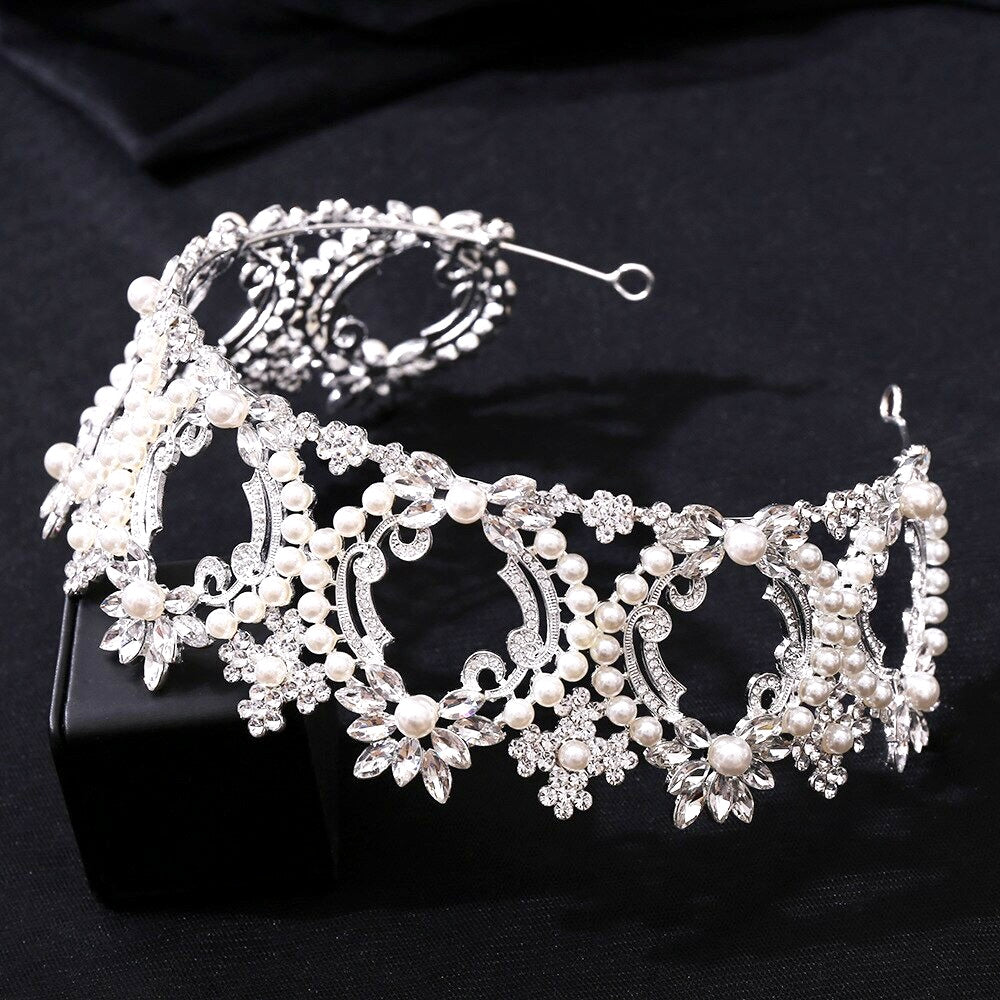 Wedding Hair Accessories -  Pearl and Crystal Bridal Tiara - Available in Yellow Gold and Silver