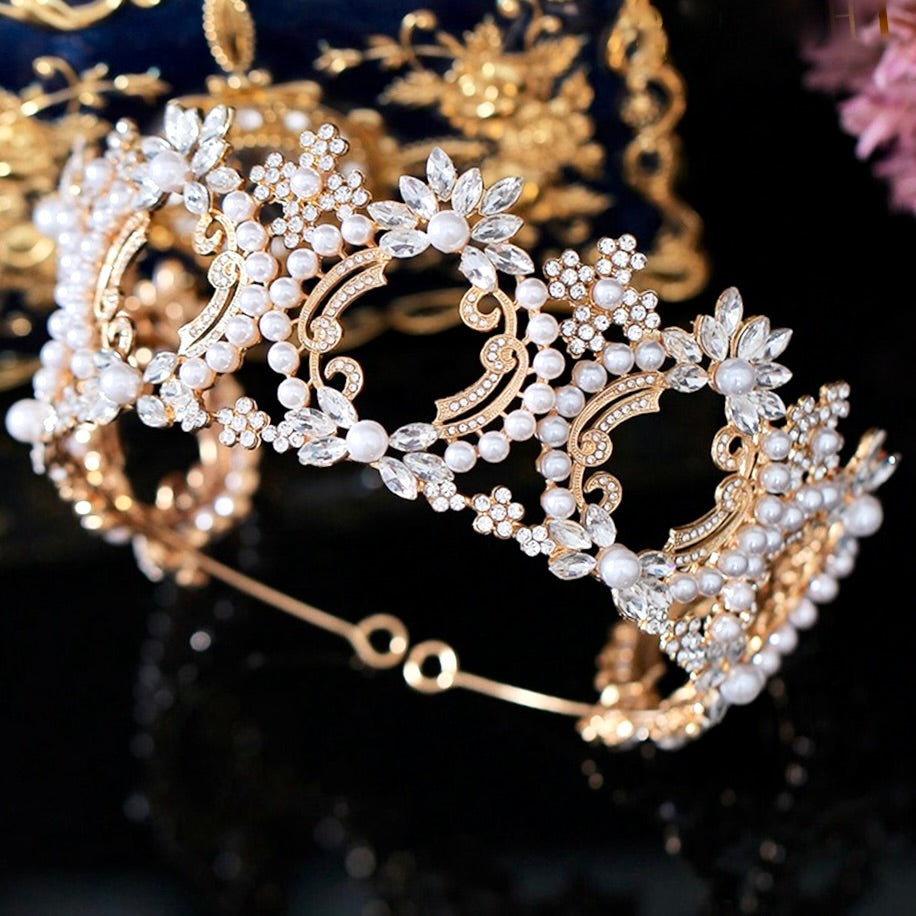 Wedding Hair Accessories -  Pearl and Crystal Bridal Tiara - Available in Yellow Gold and Silver