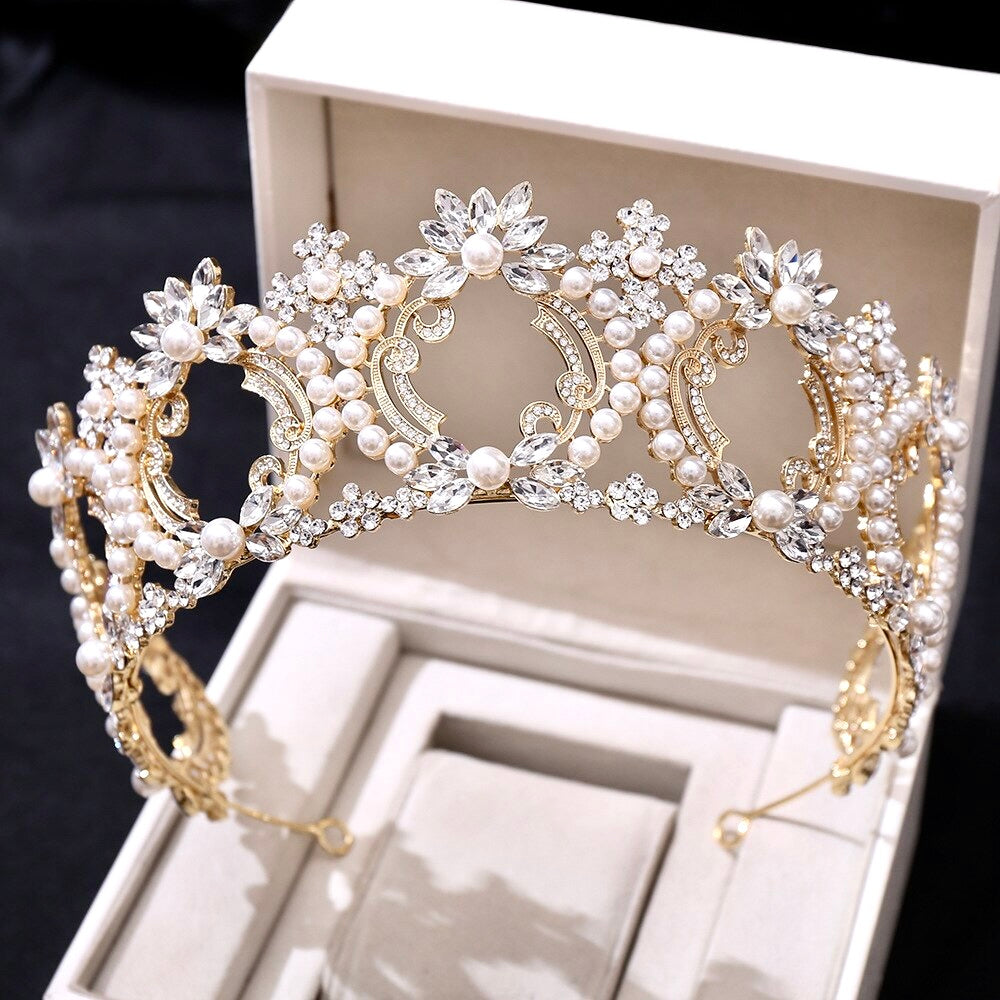 Wedding Hair Accessories -  Pearl and Crystal Bridal Tiara - Available in Yellow Gold and Silver