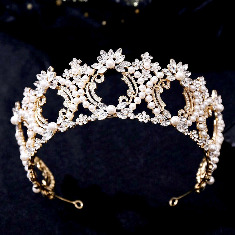 Wedding Hair Accessories -  Pearl and Crystal Bridal Tiara - Available in Yellow Gold and Silver