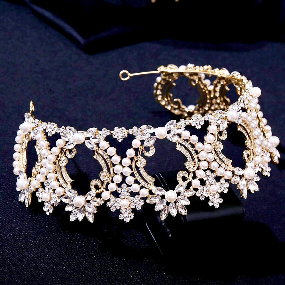 Wedding Hair Accessories -  Pearl and Crystal Bridal Tiara - Available in Yellow Gold and Silver